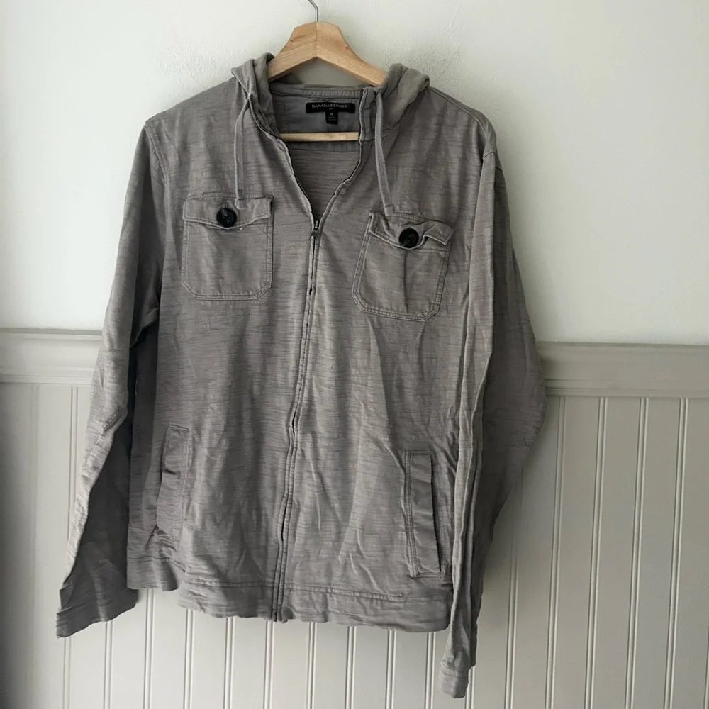 Y2K Banana Republic Men's Medium Zip Up Light Gray Tan Hooded Jacket